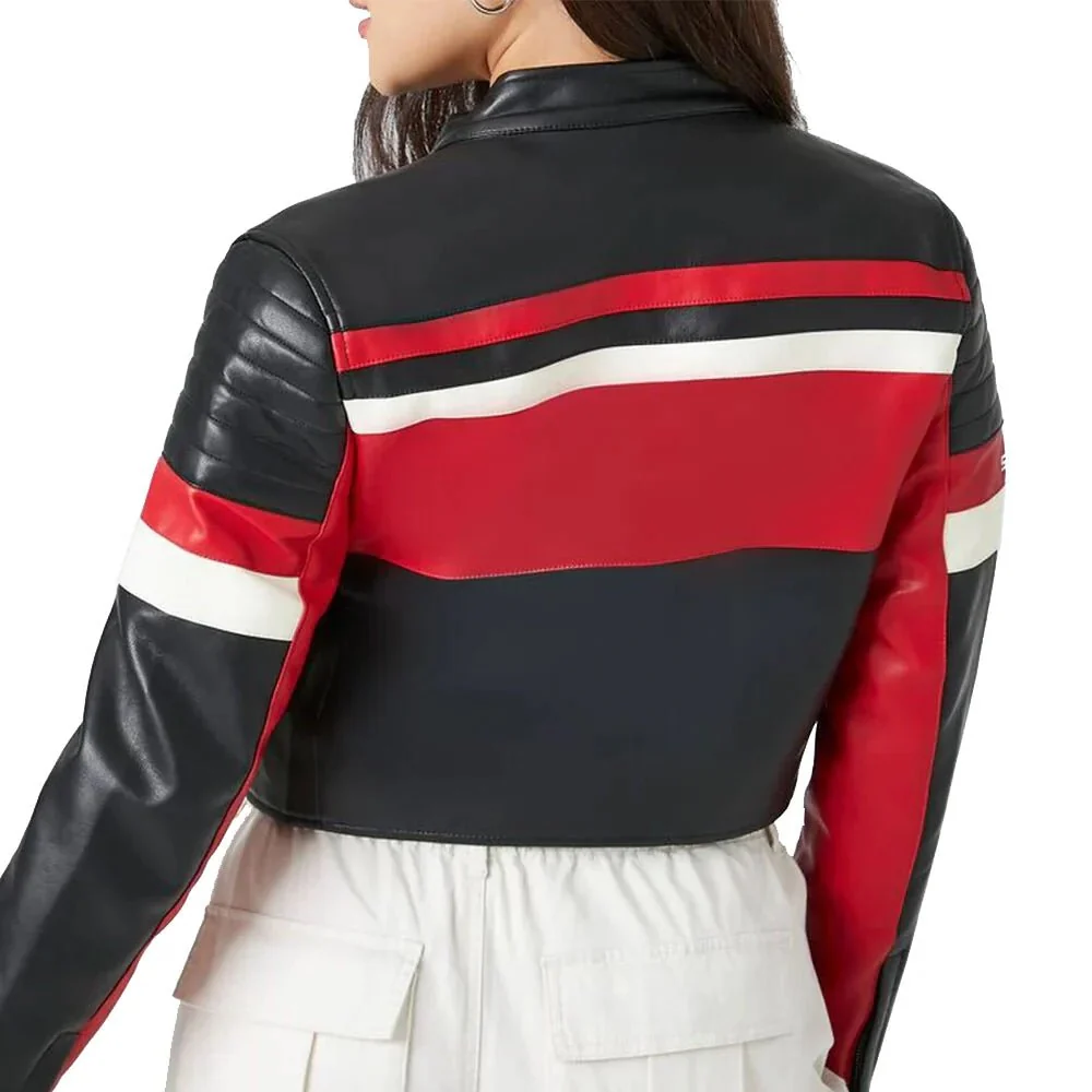 ladies cropped red black and white leather jacket