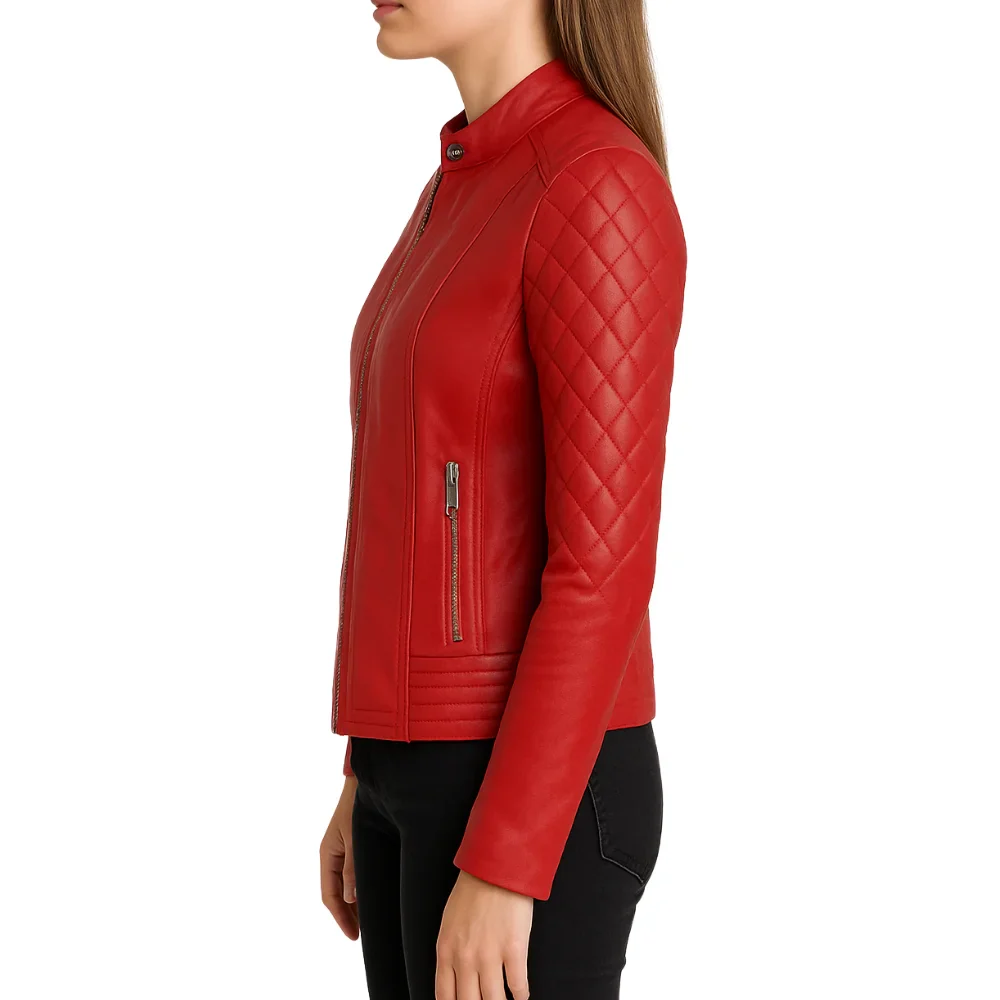 women's quilted real leather red cafe racer jacket