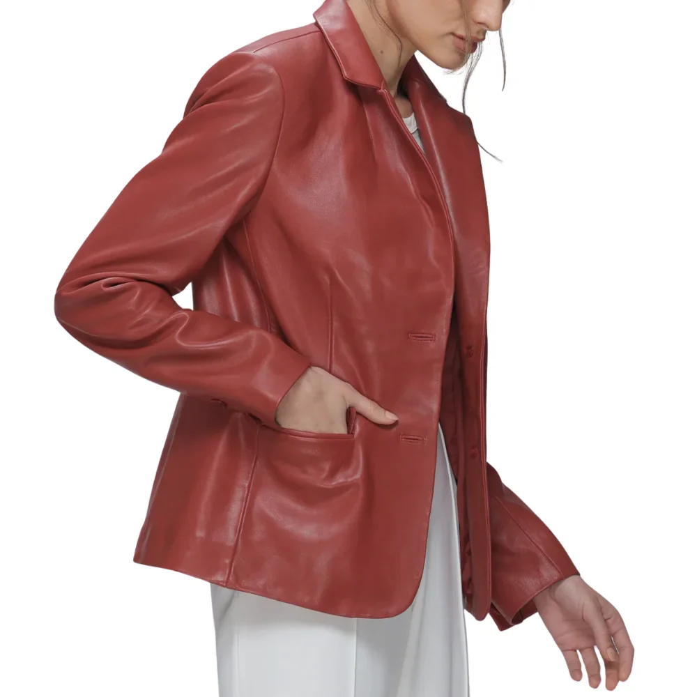 modern notch lapel red leather blazer ladies