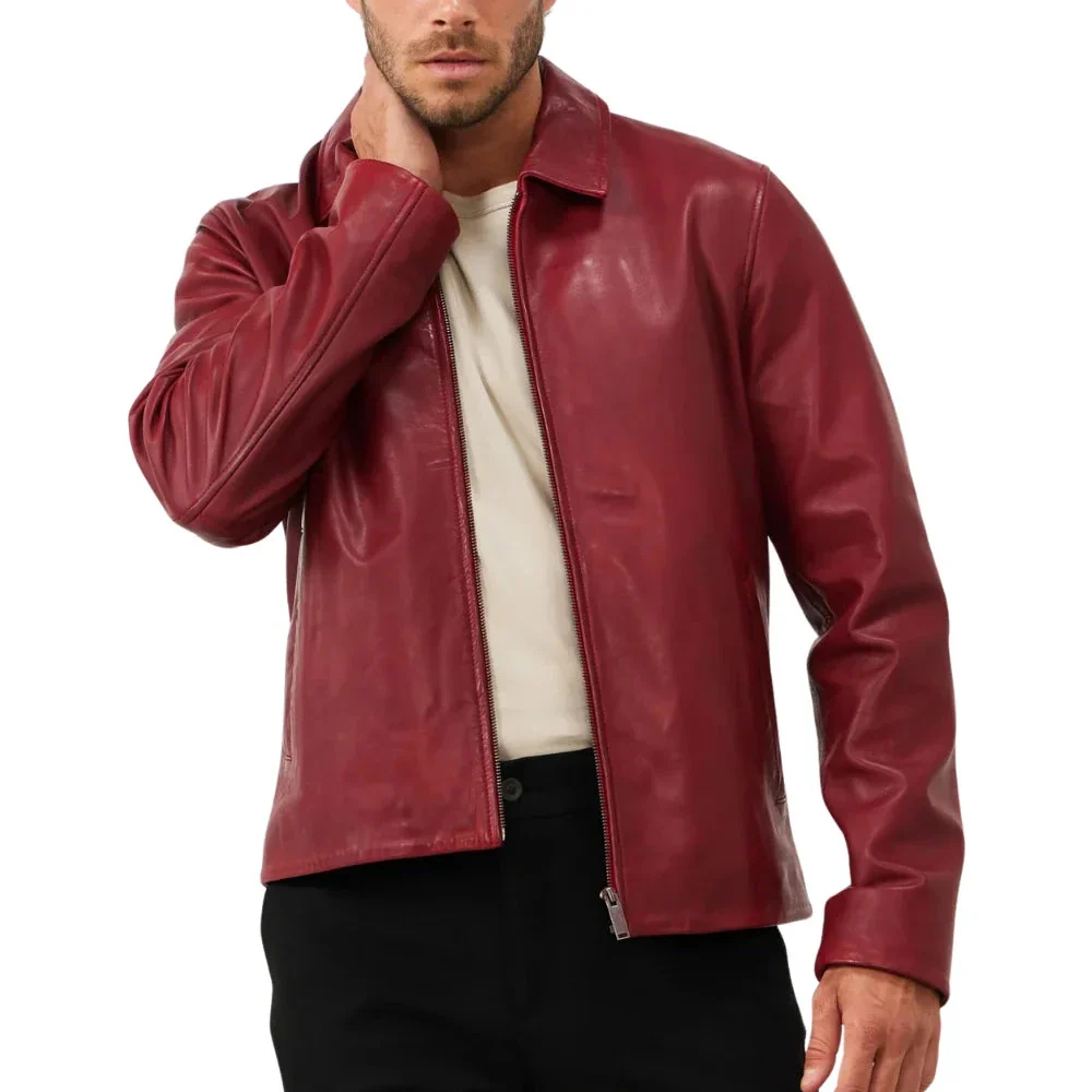 men's red shirt collar leather biker jacket