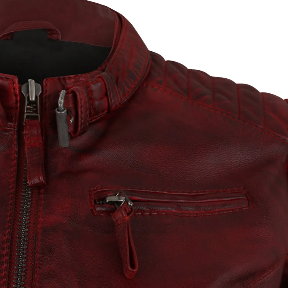 womens biker dark red leather jacket