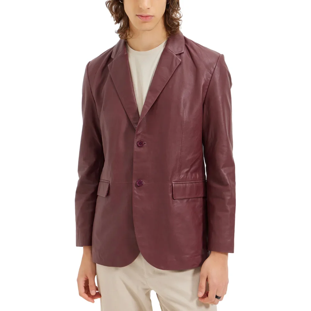 men's two button real wine red leather blazer jacket