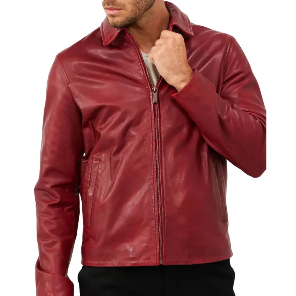 men's red shirt collar leather biker jacket