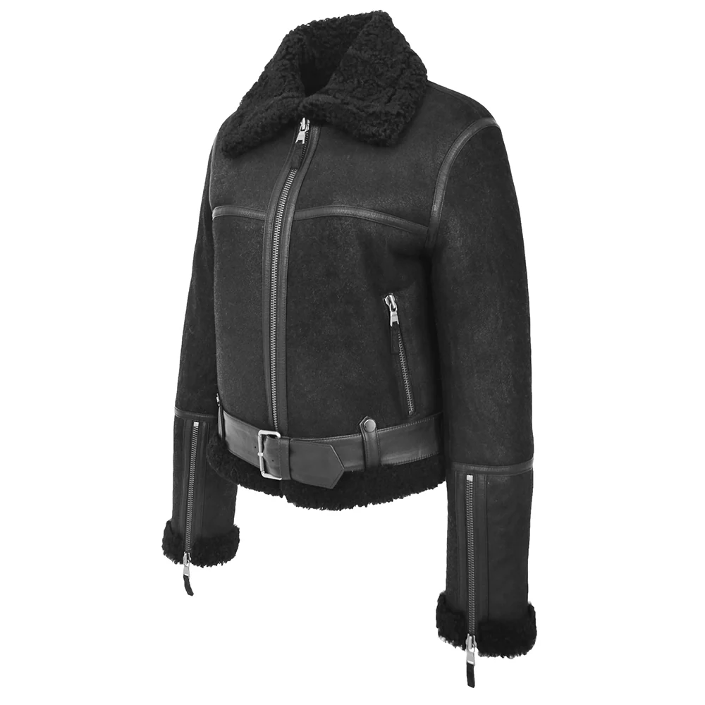 women's sheepskin belted black leather aviator jacket