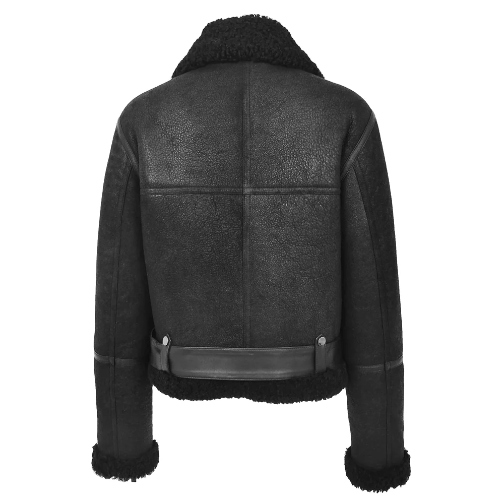 women's sheepskin belted black leather aviator jacket