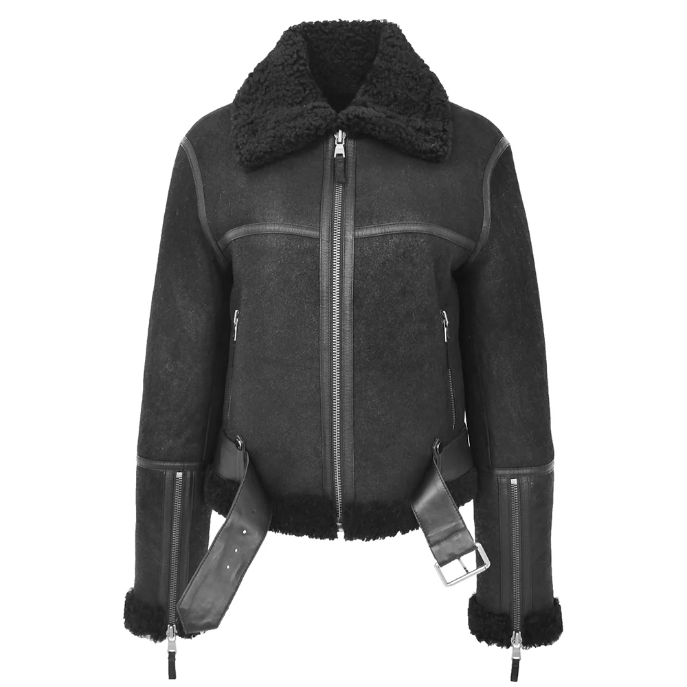 women's sheepskin belted black leather aviator jacket