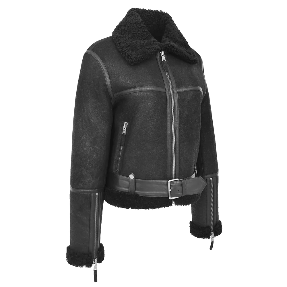 women's sheepskin belted black leather aviator jacket