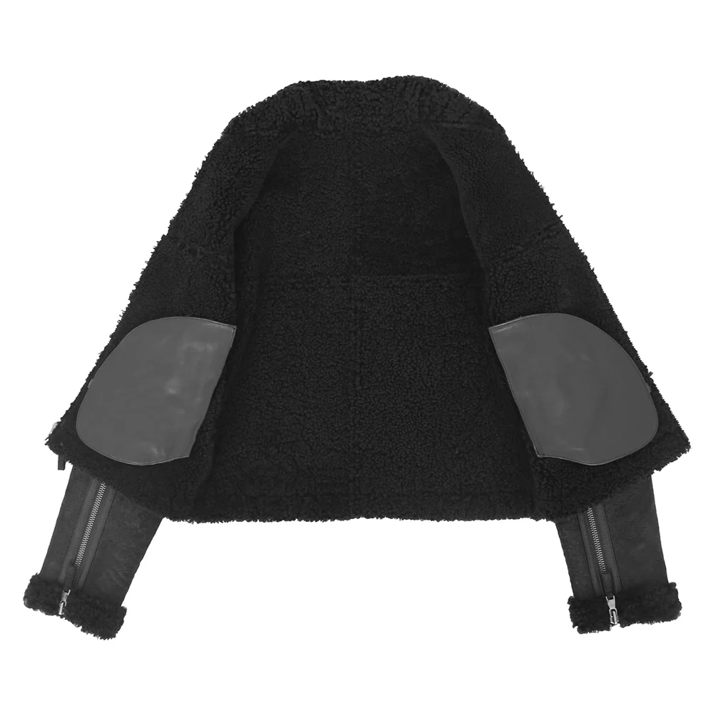 women's sheepskin belted black leather aviator jacket