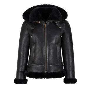 womens hooded shearling black bomber aviator jacket