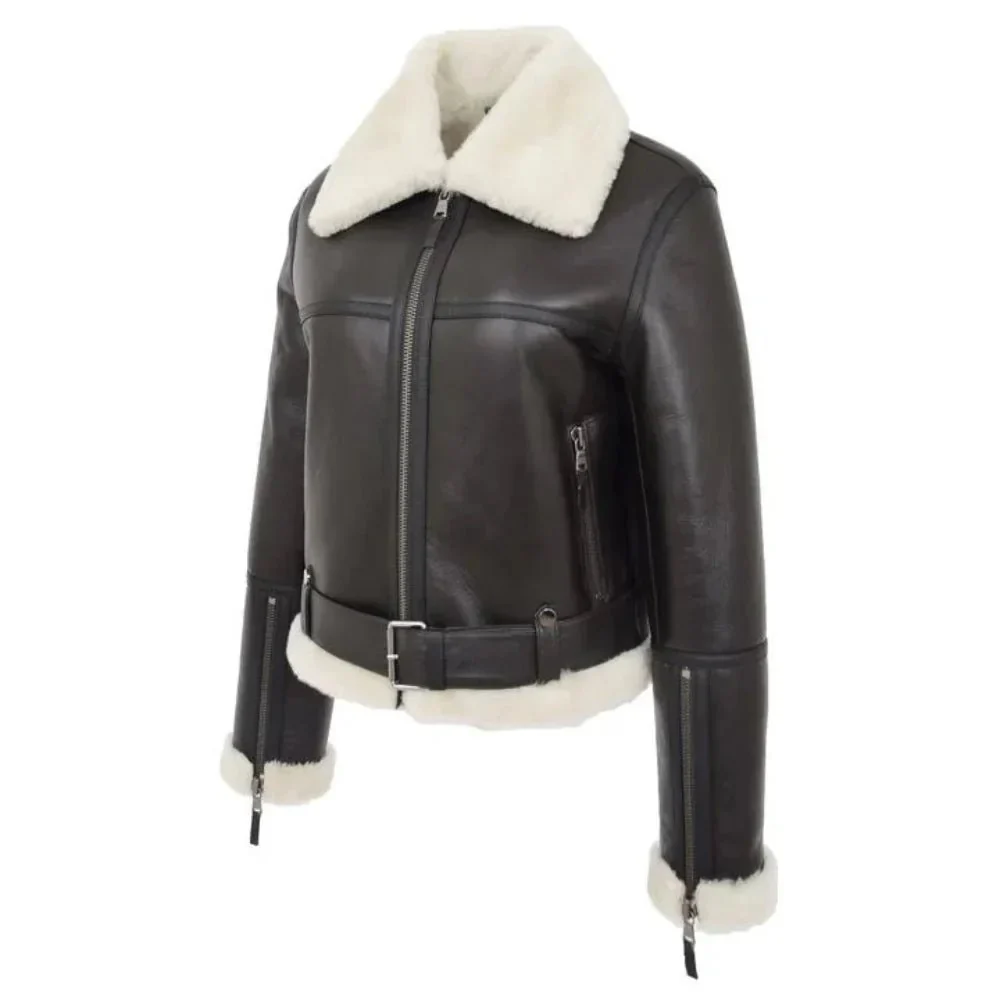 womens sheepskin b3 belted black leather shearling jacket aviator