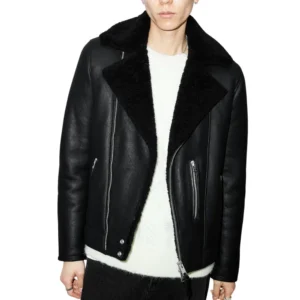 share archon dyed black shearling leather biker jacket men's