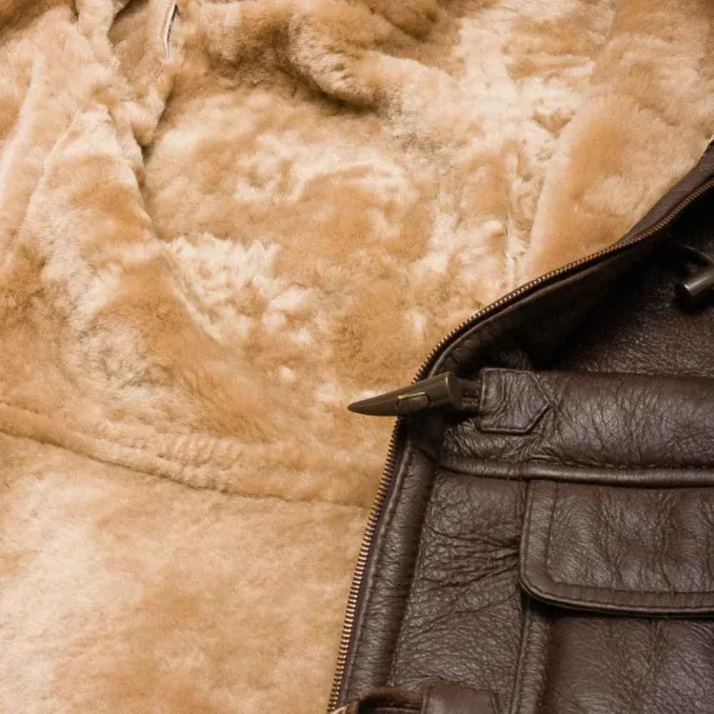 women's brown sheepskin duffle coat with hood