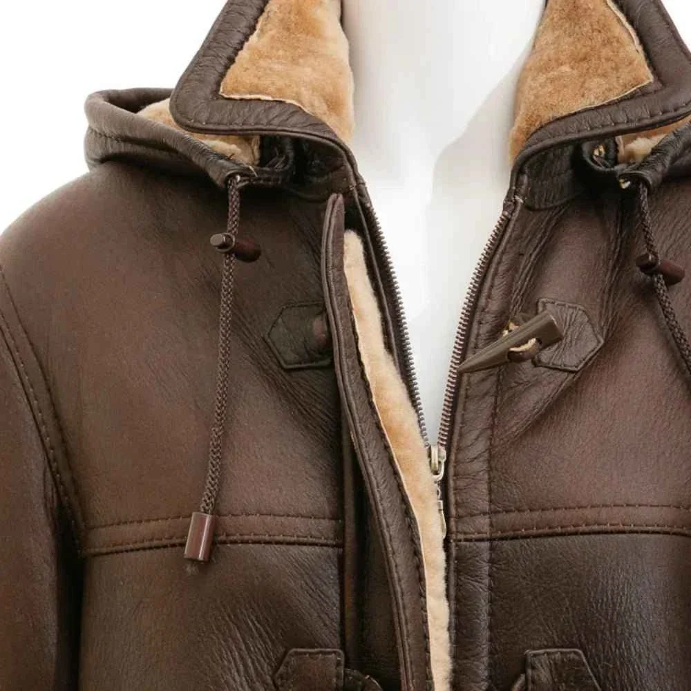 women's brown sheepskin duffle coat with hood