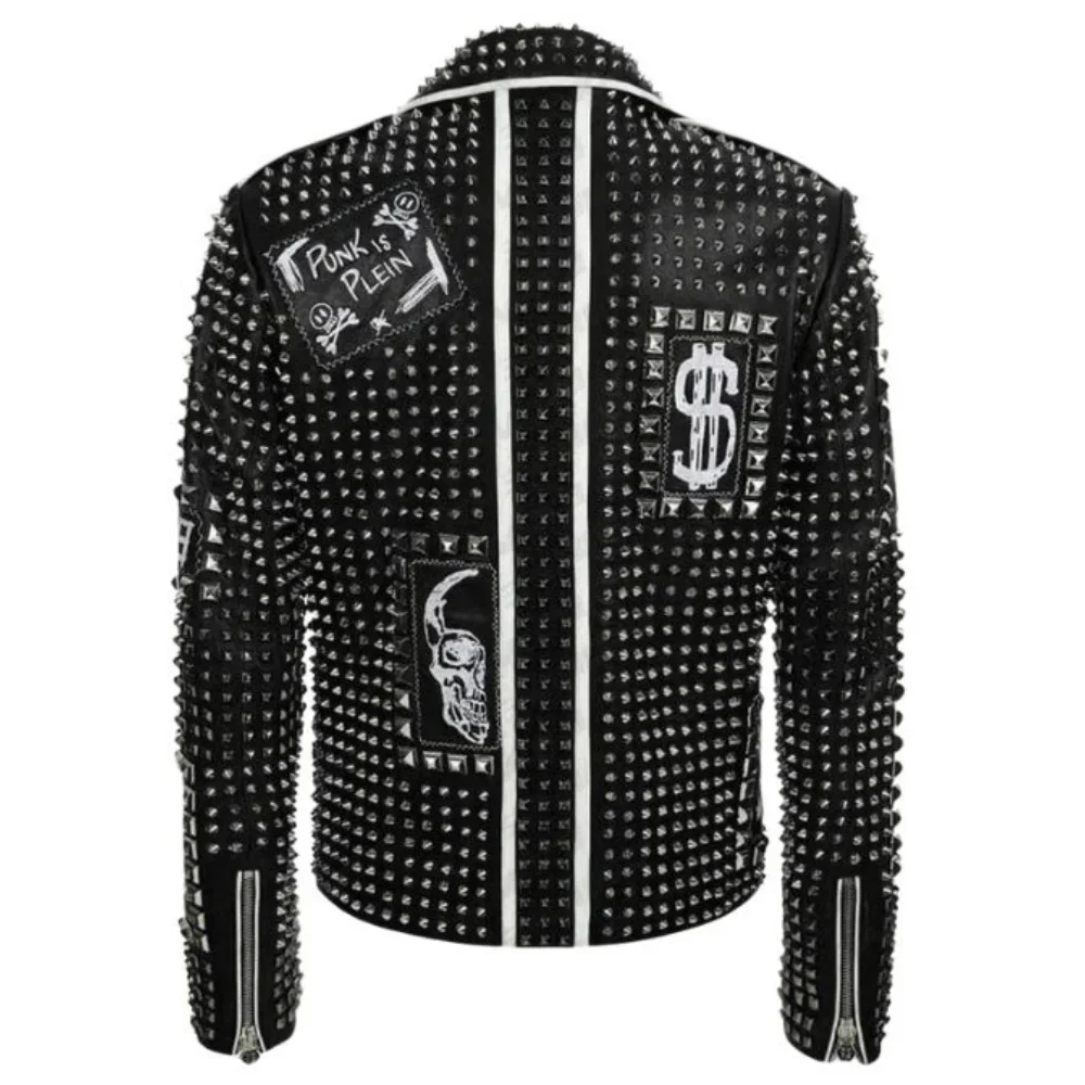 men's brando black and blue studded leather biker jacket
