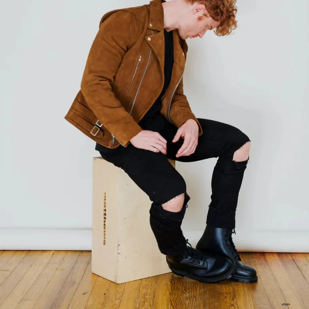 men's brown moto suede leather jacket