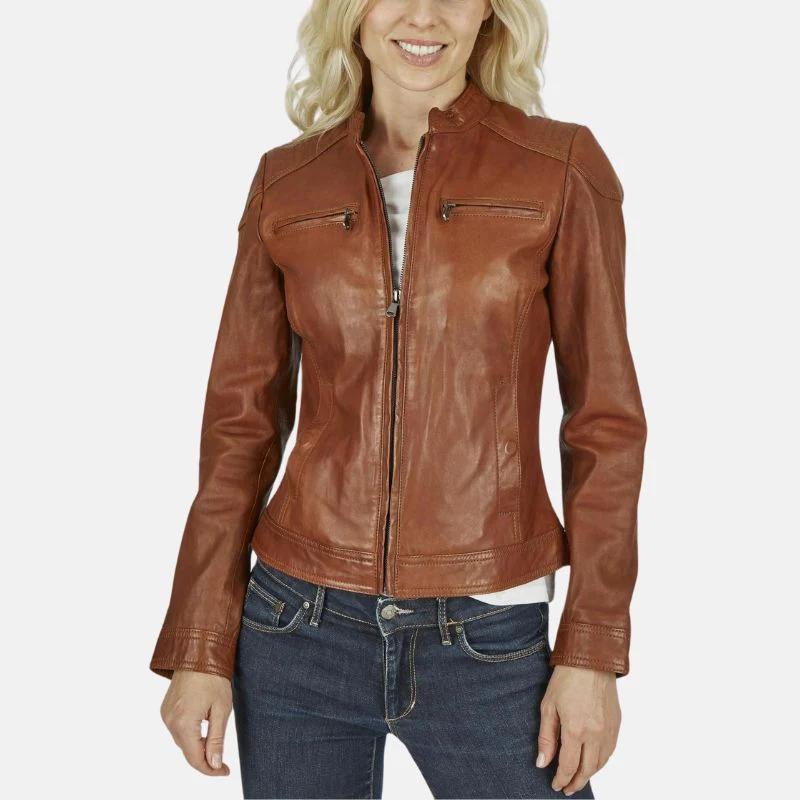 slim fit motorcycle tan leather jacket for womens