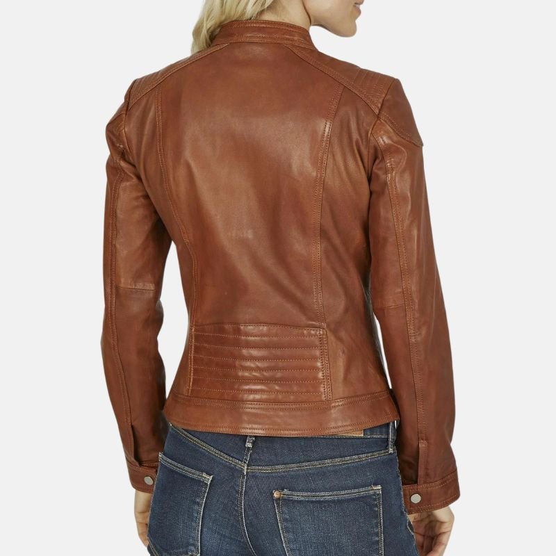 slim fit motorcycle tan leather jacket for womens