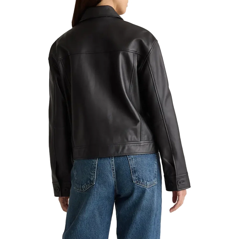 womens cropped black leather trucker jacket