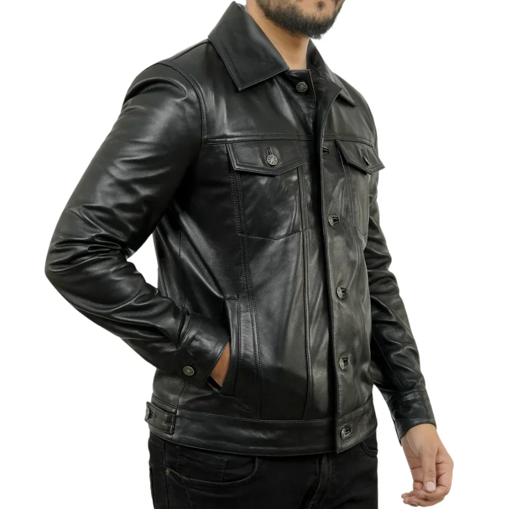 holland black real leather trucker jacket mens