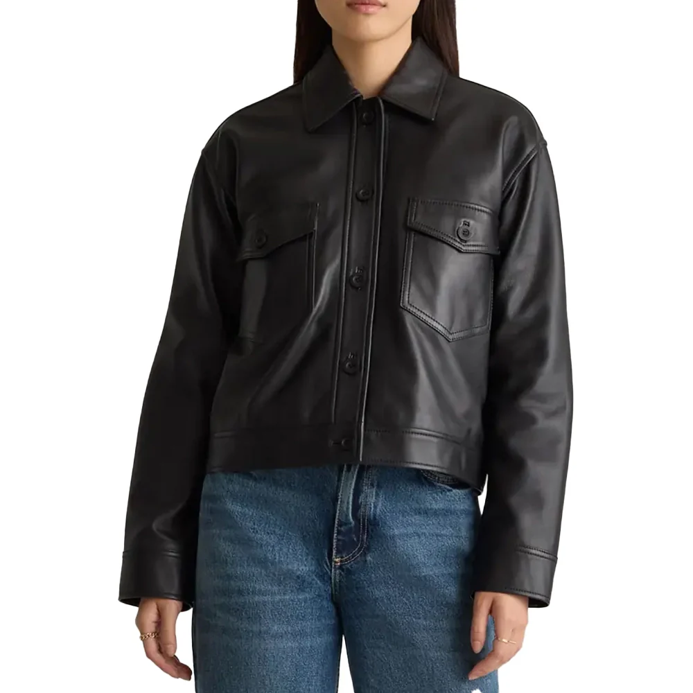womens cropped black leather trucker jacket