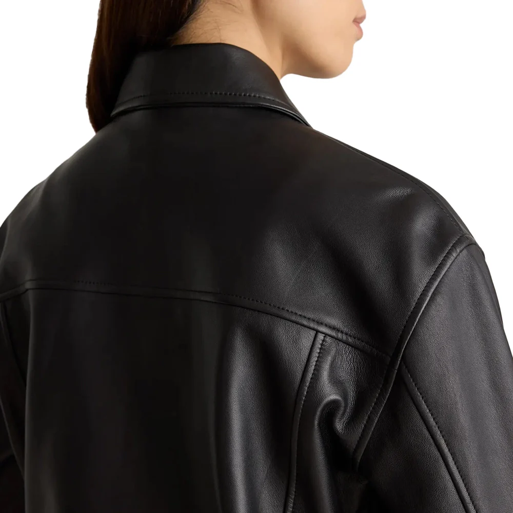 womens cropped black leather trucker jacket