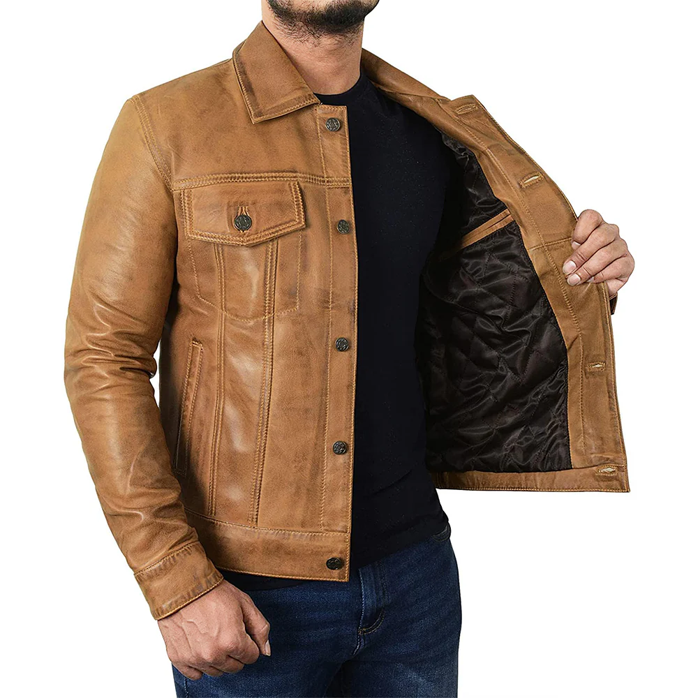 men's camel brown trucker leather jacket