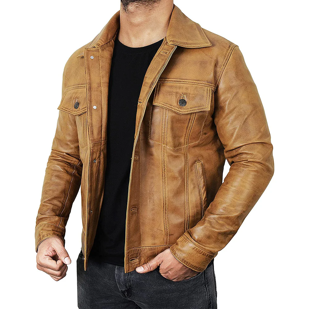 men's camel brown trucker leather jacket
