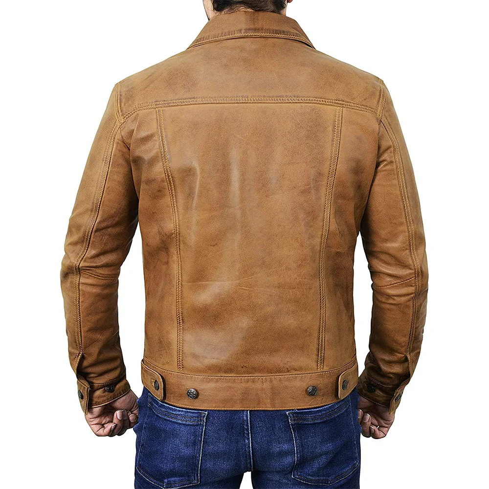 men's camel brown trucker leather jacket