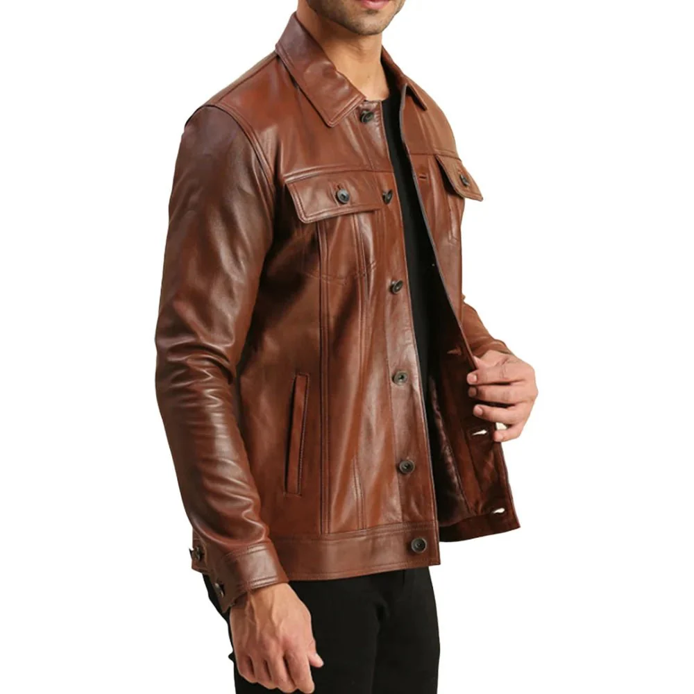 mens trucker real leather brown moto jacket