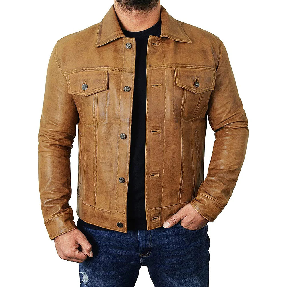 men's camel brown trucker leather jacket