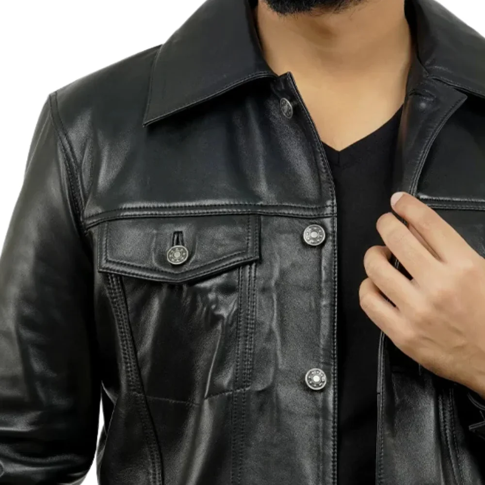 holland black real leather trucker jacket mens
