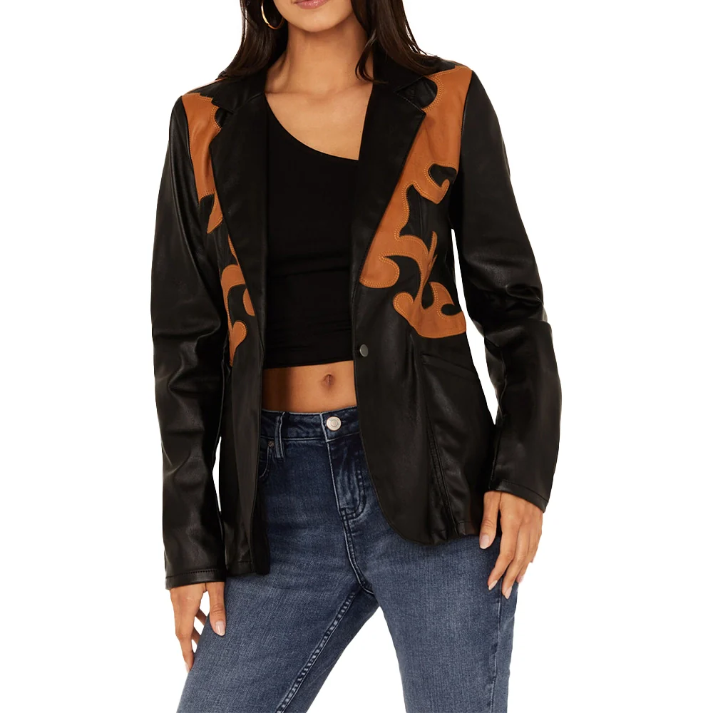 rock & roll western detailing black leather blazer women