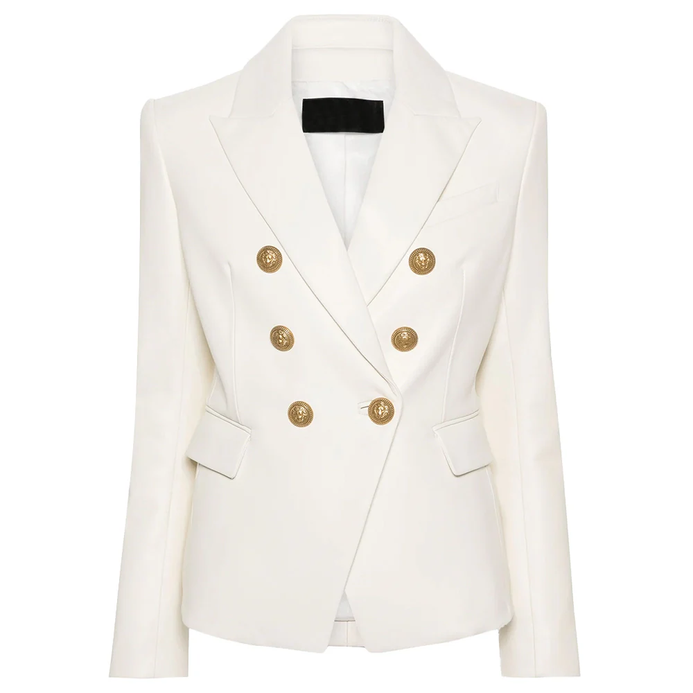 kim gold button womens double breasted leather blazer