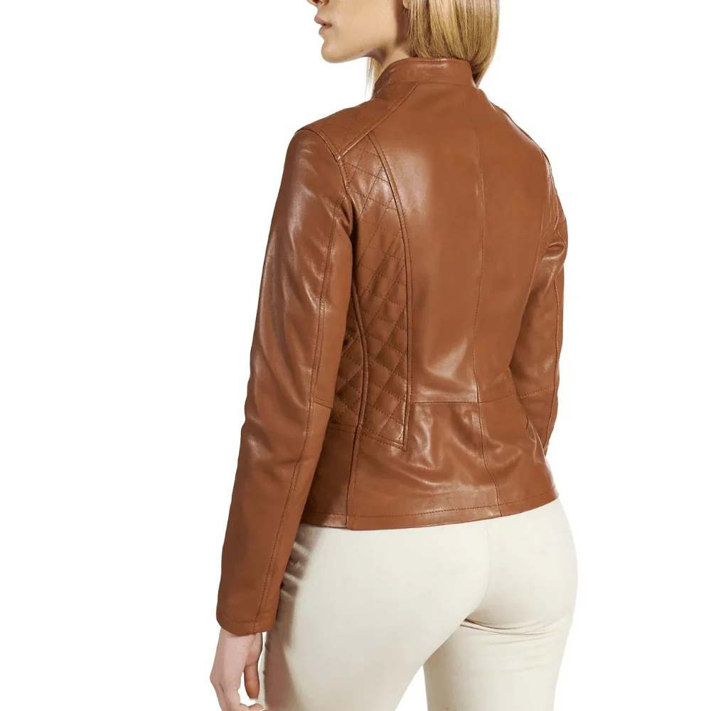 women's brown cafe racer leather motorcycle jacket