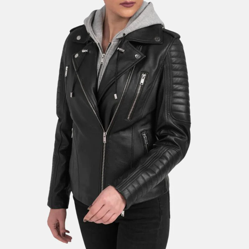womens black motorcycle leather jacket with removable hood