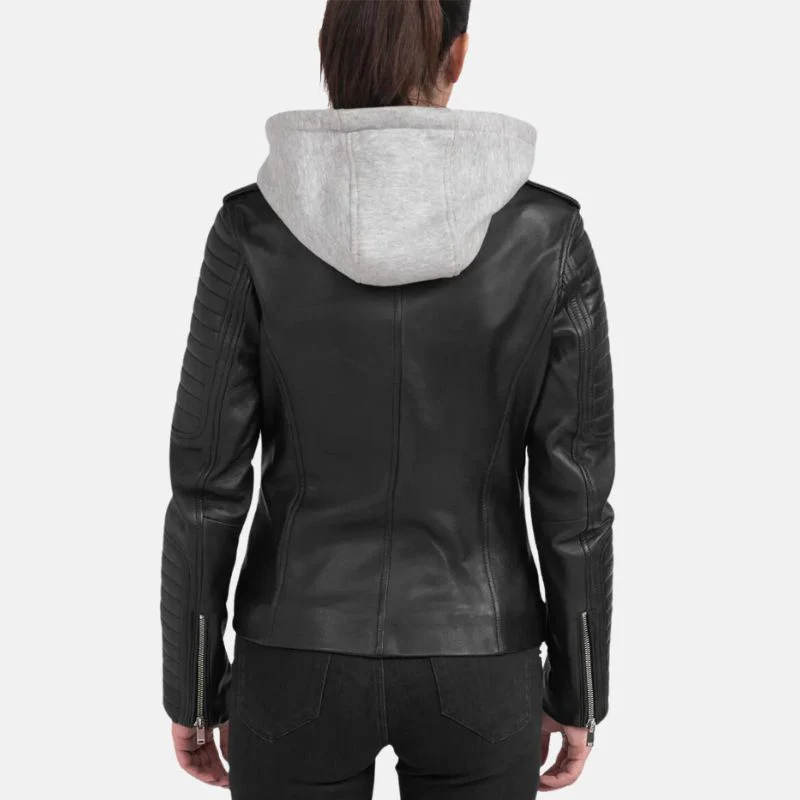womens black motorcycle leather jacket with removable hood