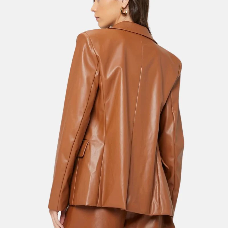 womens cognac brown leather oversized blazer