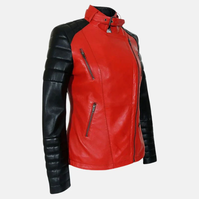 womens red and black leather biker jacket