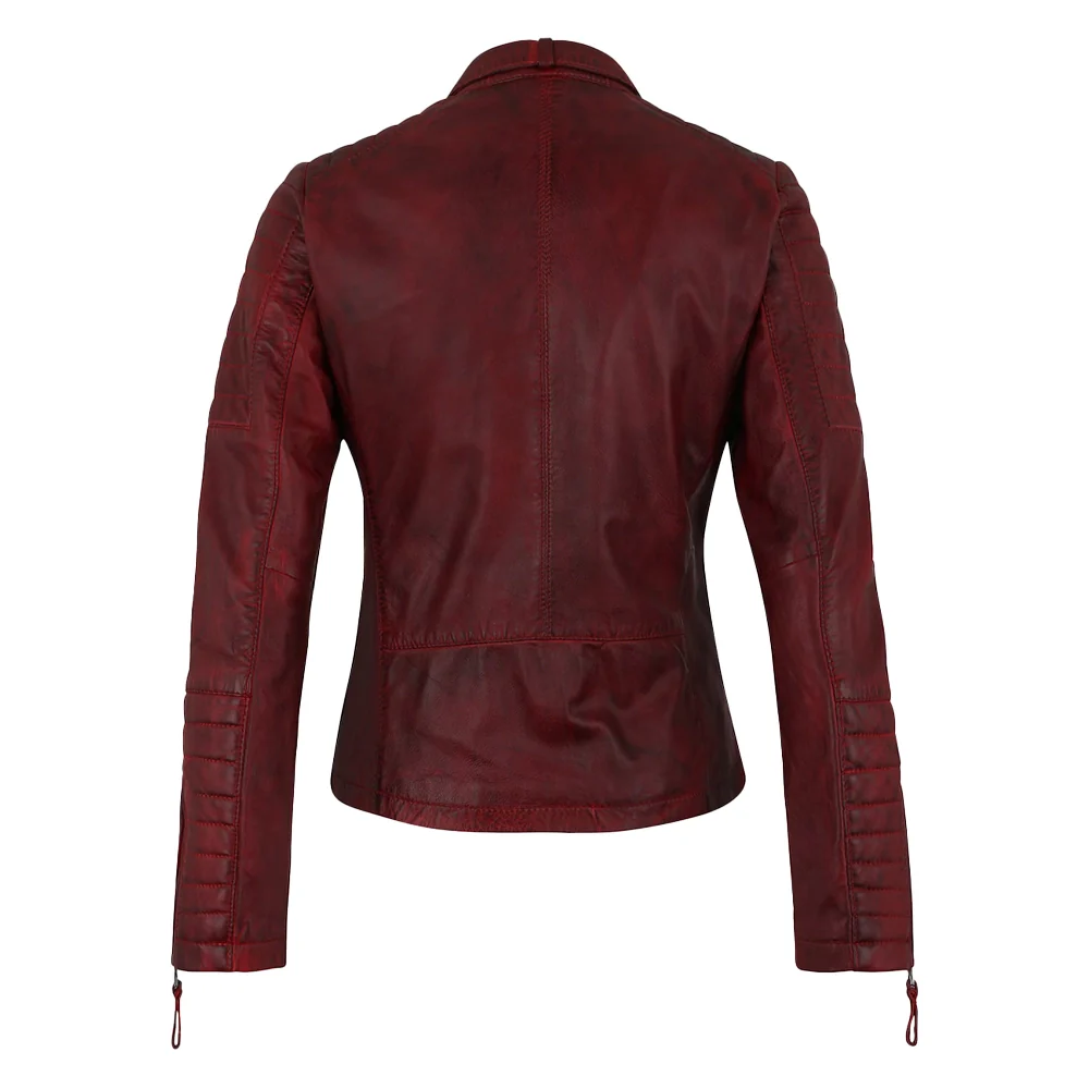 womens biker dark red leather jacket