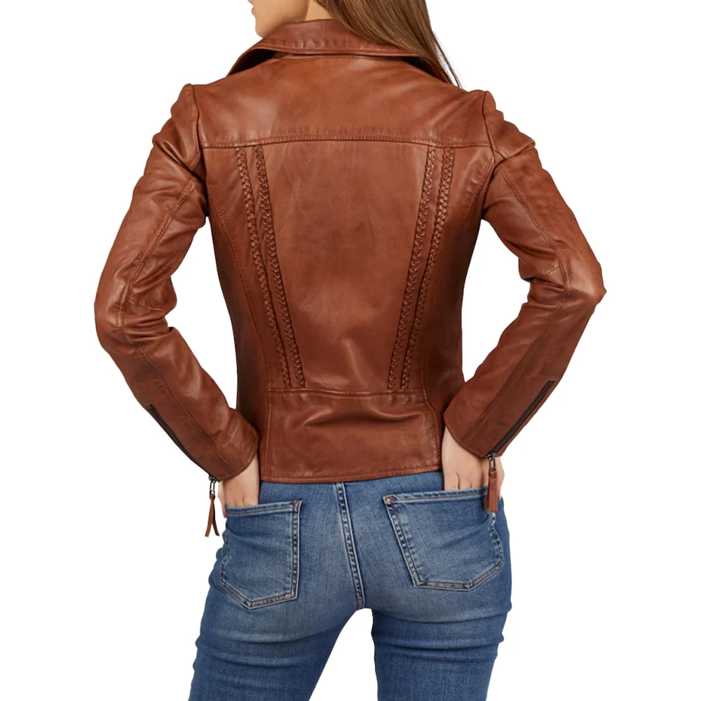 women asymmetrical cognac motorcycle leather jacket