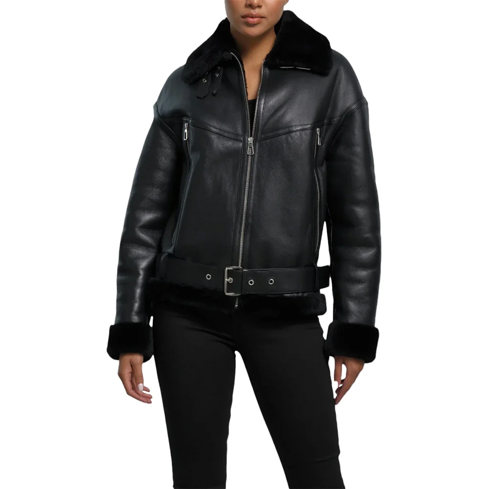 womens black b3 shearling aviator leather jacket