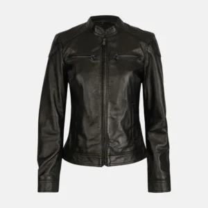 womens black stand up collar leather moto jacket
