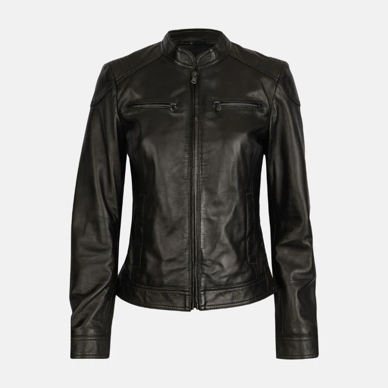 womens black stand up collar leather moto jacket