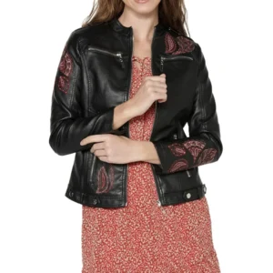 charlotte womens black floral embroidered leather jacket
