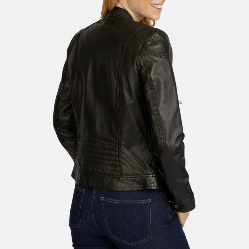 womens black stand up collar leather moto jacket