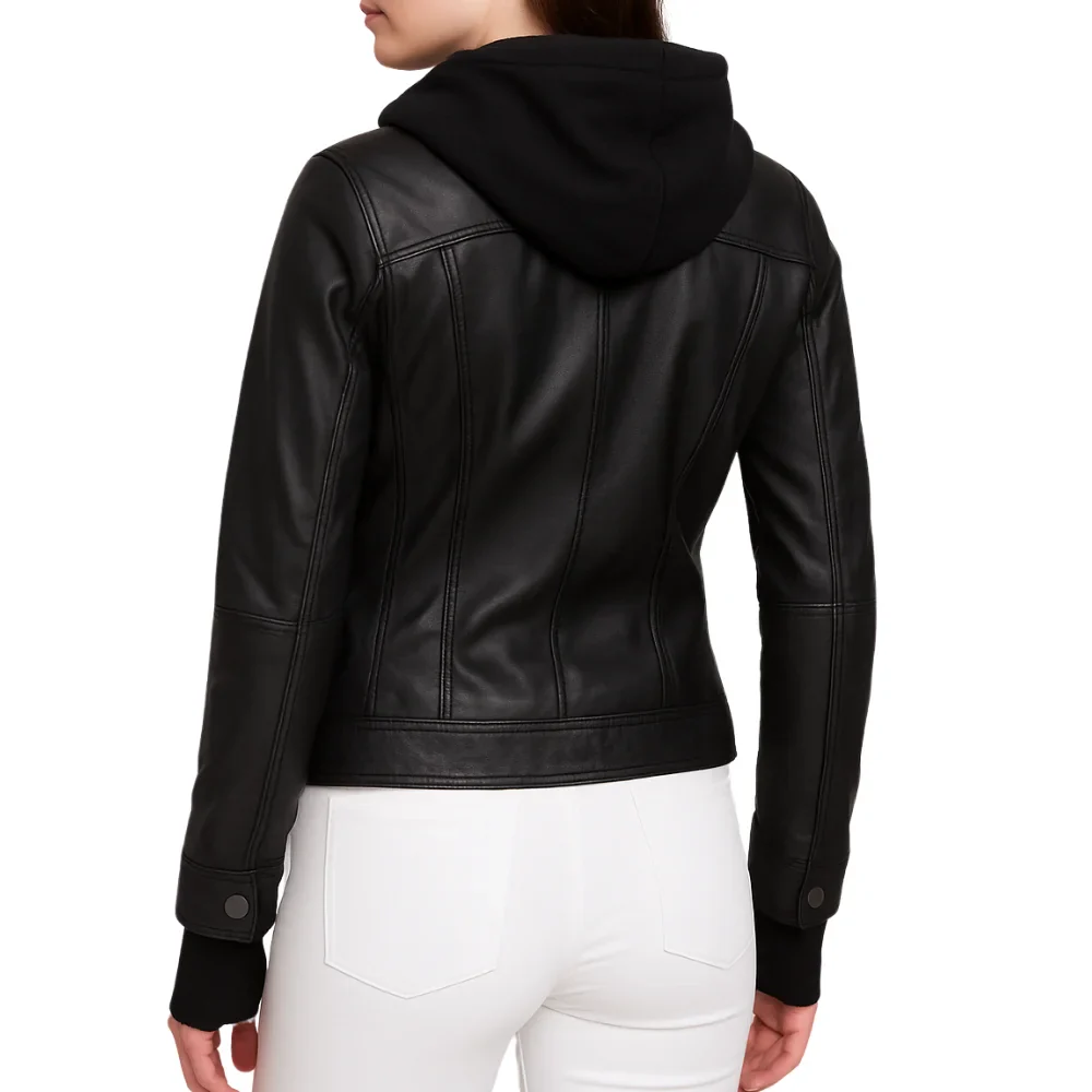 emmy black leather bomber jacket women with removable hood