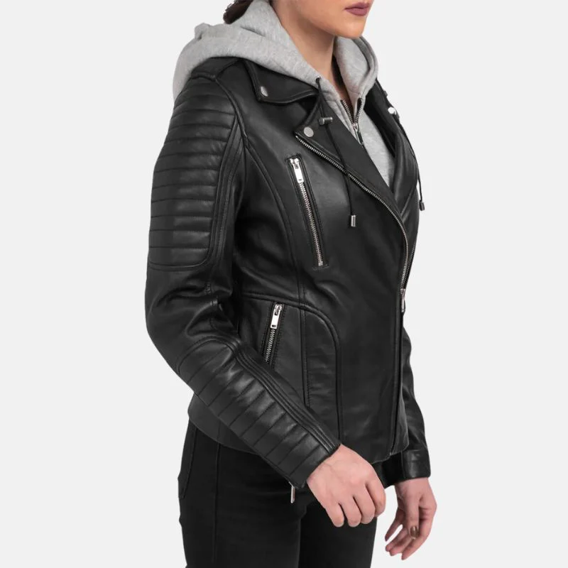 womens black motorcycle leather jacket with removable hood