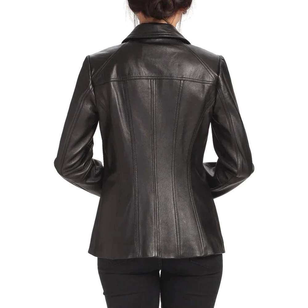 womens three quarter black long leather coat