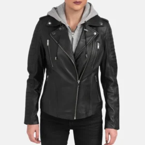 womens black motorcycle leather jacket with removable hood