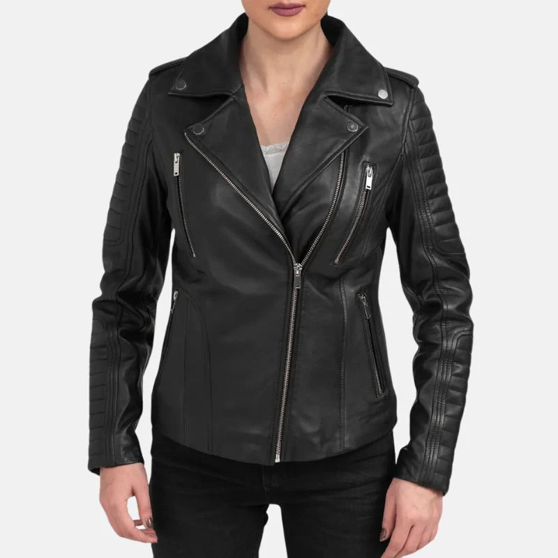 womens black motorcycle leather jacket with removable hood